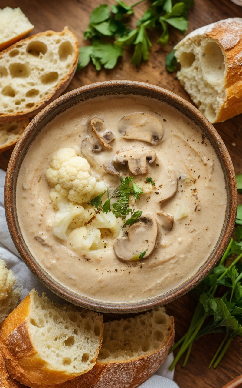 Savory Creamy Cauliflower Mushroom Soup Recipe A bowl of creamy soup with cauliflower mushrooms, garnished with herbs, next to crusty bread on a wooden table.